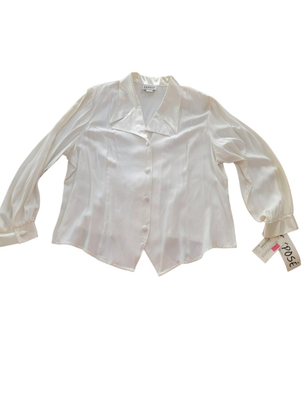 Expose Vintage 1980's White Satin LS Blouse w Shoulder Pads